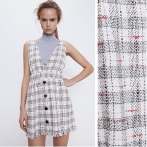 ZARA Women’s Red Black Jumper Plaid Tweed Pinafore Mini Dress Size XS EUC